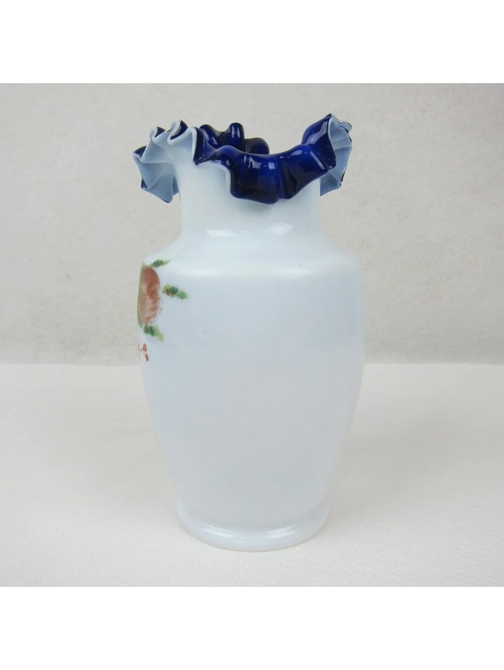 Antique Blue Opaline Glass Vase Hand Painted Floral Design Ruffled Double Crimp
